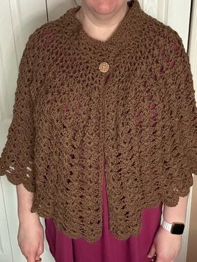 Hand Crafted Brown Crochet Capelet with Button Closure